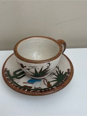 Vtg Mexican hotel Buenavista Cup & Saucer Hand Painted cactuses foliage Signed E